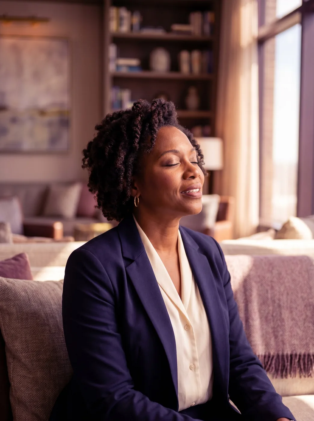 A woman at peace with her eyes closed, calm after trauma reprocessing